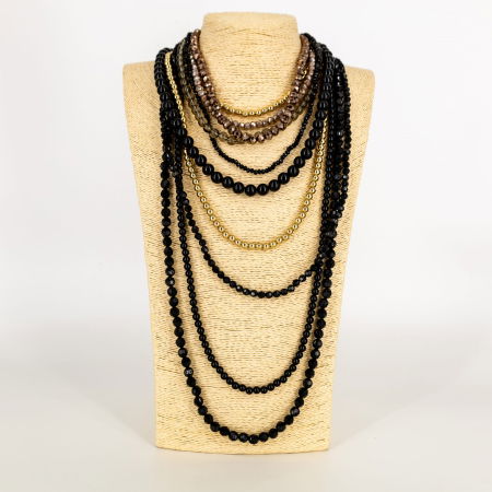 Coliere & Lanțuri - Colier multisir negru cu accente aurii – cascada elegantă