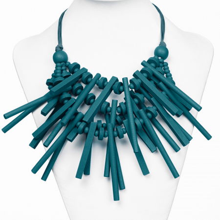 Coliere & Lanțuri - Colier reglabil cu elemente lungi si inegale din lemn turcoaz inchis