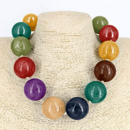 Coliere & Lanțuri - Colier scurt in stil retro, cu bile mari multicolore