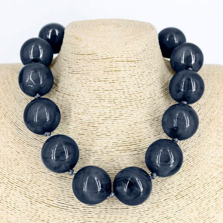 Coliere & Lanțuri - Colier scurt in stil retro, cu bile mari bleumarin