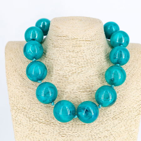 Coliere & Lanțuri - Colier scurt in stil retro, cu bile mari turcoaz