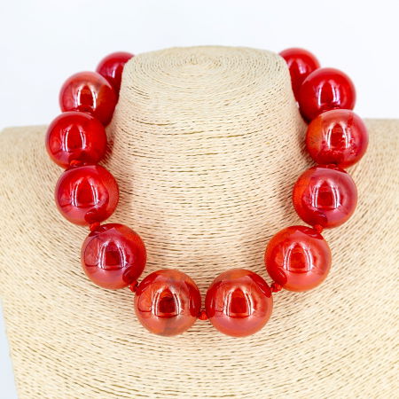 Coliere & Lanțuri - Colier scurt in stil retro, cu bile mari rosu carmin