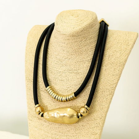 Coliere & Lanțuri - Colier silicon cu 2 siruri si elemente diferite forme din metal auriu