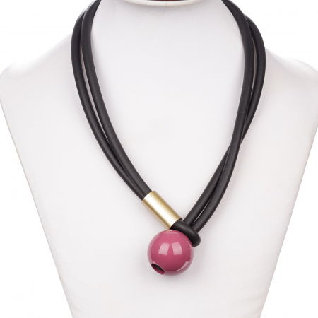 Coliere & Lanțuri - Colier silicon negru cu detaliu auriu si bila roz inchis