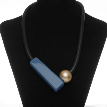 Coliere & Lanțuri - Colier silicon negru cu pandativ albastru jeans si bila aurie