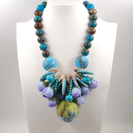 Colier statement cu flori decorative 3D si elemente turcoaz – design artistic [2]