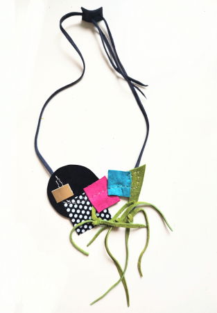 Coliere si Cercei Handmade - Colier statement  din piele naturala cu insertii , unicat