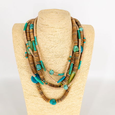 Colier statement in cinci siruri bej cu elemente de diferite forme turcoaz  – stil italian [4]