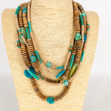 Bijuterii Fashion - Colier statement in cinci siruri bej cu elemente de diferite forme turcoaz  – stil italian