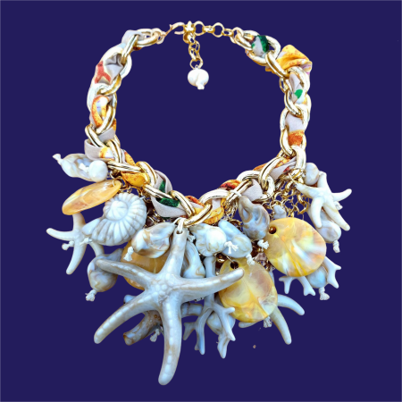 NOU IN SHOPIKA - Colier statement marin galben cu stele de mare si scoici – design resort glam
