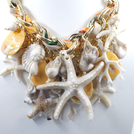 Colier statement marin galben cu stele de mare si scoici – design resort glam [4]