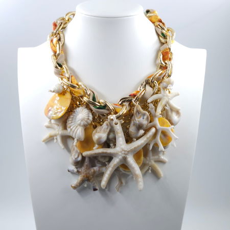 Colier statement marin galben cu stele de mare si scoici – design resort glam [2]
