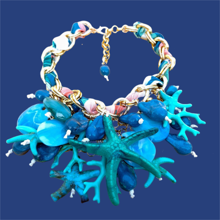 NOU IN SHOPIKA - Colier statement marin turcoaz cu stele de mare si scoici – design resort glam