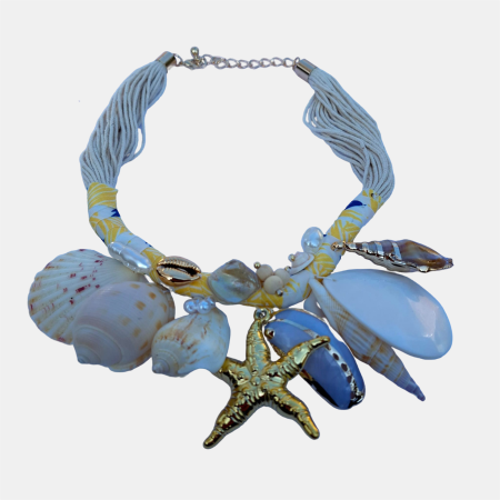 NOU IN SHOPIKA - Colier statement marin galben, cu scoici naturale si stea de mare aurie – design resort