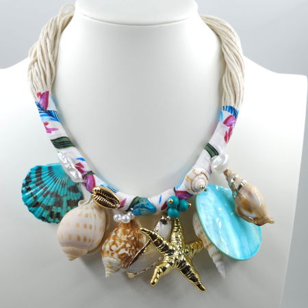 Colier statement marin turcoaz cu scoici naturale si stea de mare aurie – design resort [3]