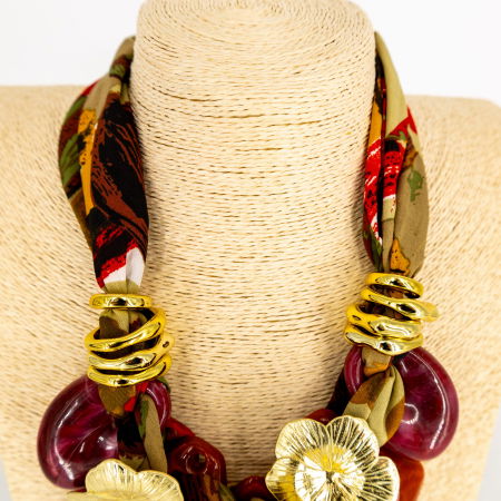 Colier statement rosu caramiziu cu flori aurii și fluture – stil italian [3]