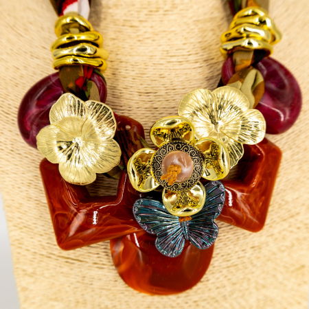 Colier statement rosu caramiziu cu flori aurii și fluture – stil italian [2]