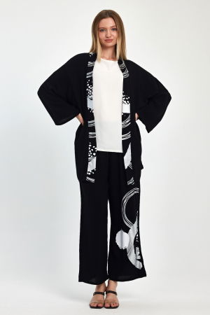 Compleu 3 piese cu bluza alba, pantaloni si blazer negre cu imprimeu argintiu metalizat [3]