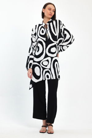 Compleu cu bluza lunga tip tunica si pantaloni, negru cu alb [2]