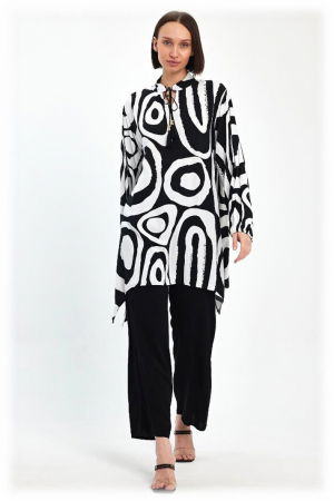 Compleu cu bluza lunga tip tunica si pantaloni, negru cu alb [1]