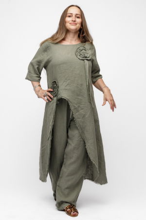Pantaloni din In - Compleu cu flori aplicate din in, cu bluza tunica mai lunga in spate si pantaloni, kaki