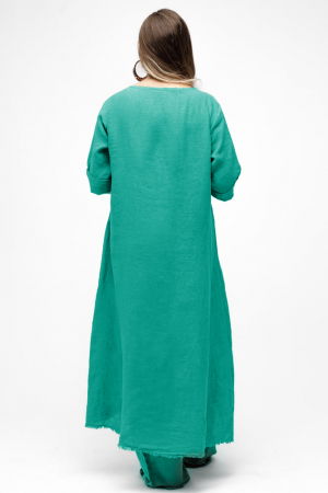 Compleu cu flori aplicate din in, cu bluza tunica mai lunga in spate si pantaloni, turcoaz [2]