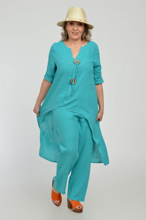 Compleu din in, cu nasturi decorativi, cu pantaloni si bluza tunica mai lunga in spate, turcoaz [8]