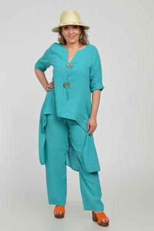 Compleu din in, cu nasturi decorativi, cu pantaloni si bluza tunica mai lunga in spate, turcoaz [1]