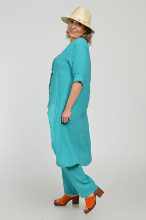 Compleu din in, cu nasturi decorativi, cu pantaloni si bluza tunica mai lunga in spate, turcoaz [12]
