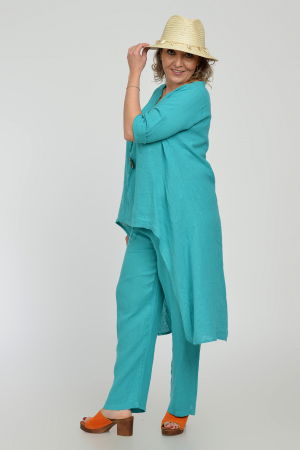 Compleu din in, cu nasturi decorativi, cu pantaloni si bluza tunica mai lunga in spate, turcoaz [6]
