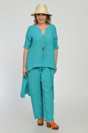 Compleu din in, cu nasturi decorativi, cu pantaloni si bluza tunica mai lunga in spate, turcoaz [7]