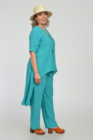 Compleu din in, cu nasturi decorativi, cu pantaloni si bluza tunica mai lunga in spate, turcoaz [4]