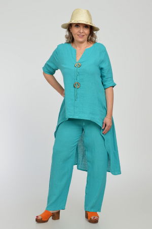 Compleu din in, cu nasturi decorativi, cu pantaloni si bluza tunica mai lunga in spate, turcoaz [3]