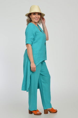 Compleu din in, cu nasturi decorativi, cu pantaloni si bluza tunica mai lunga in spate, turcoaz [5]