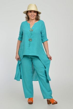 Compleu din in, cu nasturi decorativi, cu pantaloni si bluza tunica mai lunga in spate, turcoaz [10]