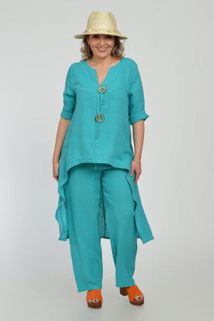 Pantaloni din In - Compleu din in, cu nasturi decorativi, cu pantaloni si bluza tunica mai lunga in spate, turcoaz