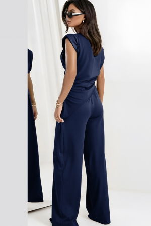 Compleu cu pantaloni, din tricot fin de bumbac, cu bluza in colt si umeri supradimensionati, bleumarin [1]