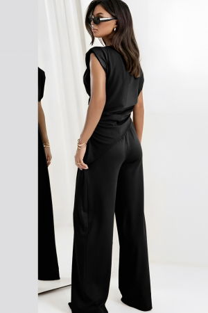 Compleu cu pantaloni, din tricot fin de bumbac, cu bluza in colt si umeri supradimensionati, negru [1]