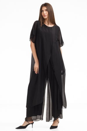 Compleu cu pantaloni lejeri si bluza fluida in colturi lungi, din matase si vascoza, negru [2]