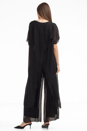 Compleu cu pantaloni lejeri si bluza fluida in colturi lungi, din matase si vascoza, negru [4]