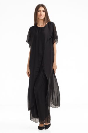 Compleu cu pantaloni lejeri si bluza fluida in colturi lungi, din matase si vascoza, negru [3]