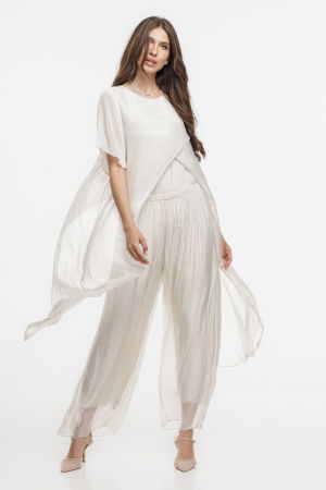 Compleu cu pantaloni lejeri si bluza fluida in colturi lungi, din matase si vascoza, bej [2]