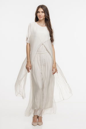 Pantaloni din Mătase si Vâscoză - Compleu cu pantaloni lejeri si bluza fluida in colturi lungi, din matase si vascoza, bej