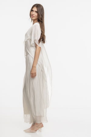 Compleu cu pantaloni lejeri si bluza fluida in colturi lungi, din matase si vascoza, bej [3]