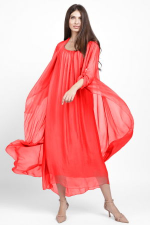 Pantaloni masuri mari - Compleu cu rochie si blazer din matase si vascoza, corai