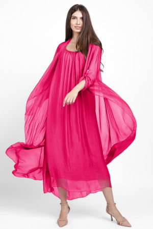 Pantaloni masuri mari - Compleu cu rochie si blazer din matase si vascoza, fucsia