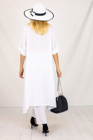 Compleu din in cu bluza tunica mai lunga in spate si pantaloni, alb [2]