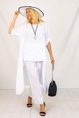 Pantaloni din In - Compleu din in cu bluza tunica mai lunga in spate si pantaloni, alb