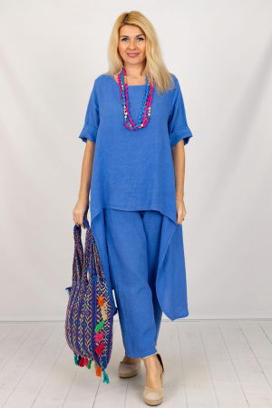 Compleu din in cu bluza tunica mai lunga in spate si pantaloni, albastru electric [4]