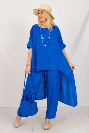 Pantaloni din In - Compleu din in cu bluza tunica mai lunga in spate si pantaloni, albastru electric
